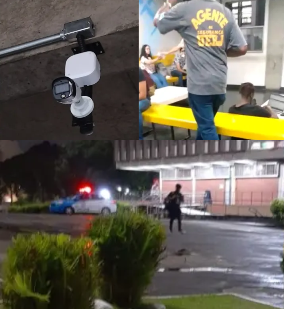 Fotos da nota de 2022 “Câmeras, Censura e Policialmento na UERJ” da antiga Revista Veias Abertas, que relata o aumento da repressão ao movimento estudantil. As câmeras instaladas em 2022 agora são usadas para perseguir os estudantes. 